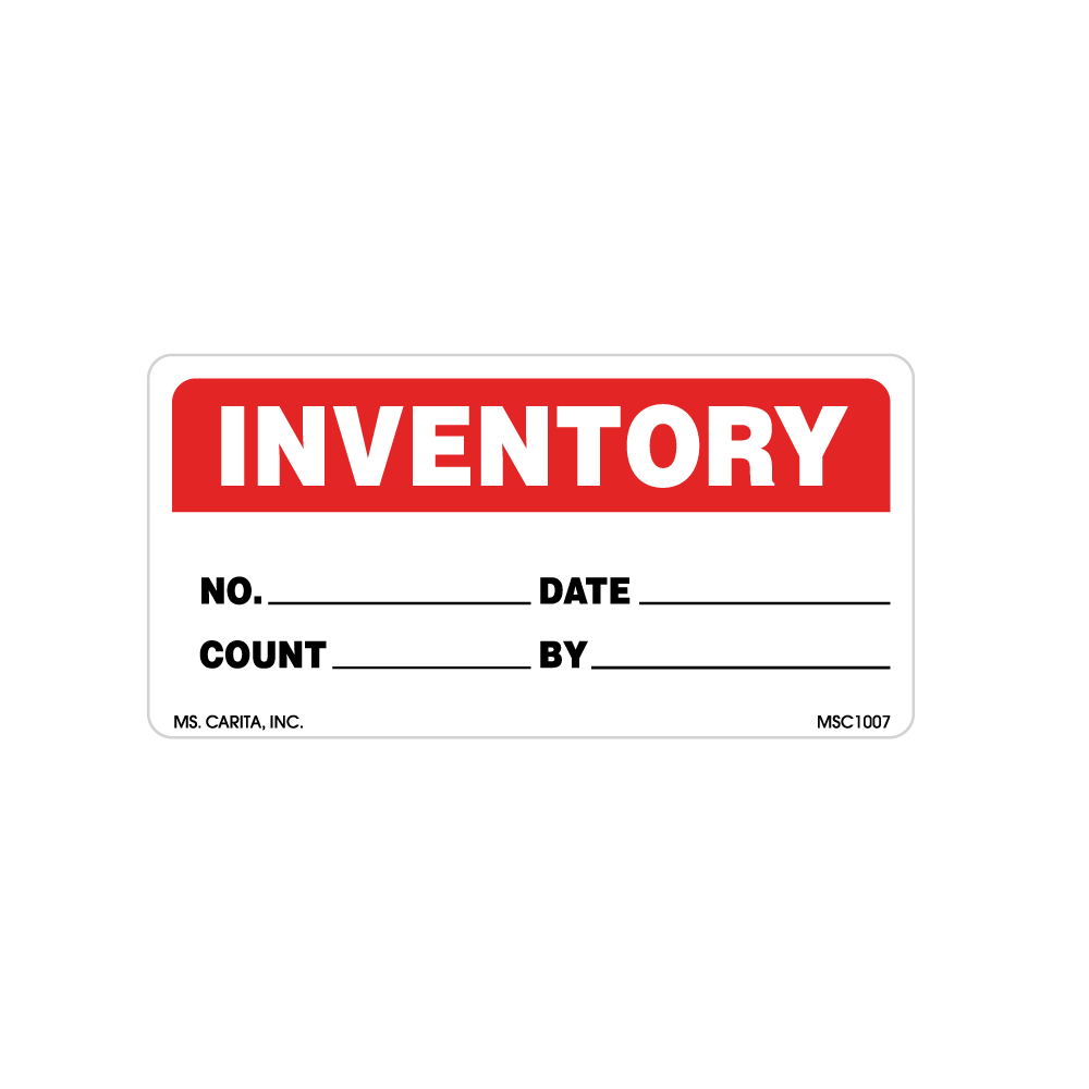 Inventory label with red and white design on a white background