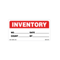 Inventory label with red and white design on a white background