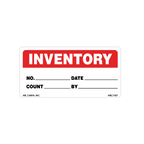 Inventory label with red and white design on a white background