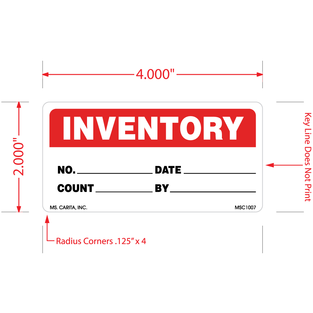 Inventory label with dimensions and text fields on a white background